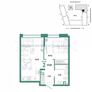 2 комн., 37м2, 5/16, Домашний, Тюмень