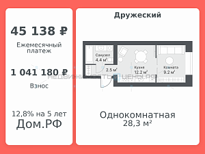 1 комн., 28.3м2, 10/14, Дружеский, Тюмень