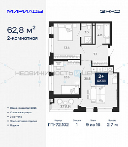 2 комн., 62.8м2, 9/16, Мириады, Тюмень