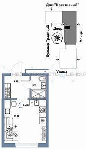 Студия, 24.05м2, 12/15, Домашний, Тюмень