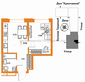 1 комн., 33.06м2, 14/15, Домашний, Тюмень
