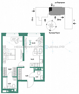 2 комн., 44.45м2, 6/16, Авторский, Тюмень