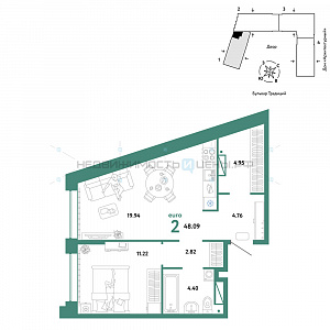 2 комн., 48.09м2, 6/15, Домашний, Тюмень