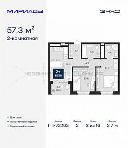 2 комн., 57.3м2, 3/16, Тюмень