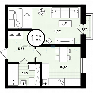 1 комн., 36.4м2, 1/4, Зеленые Аллеи, Тюмень