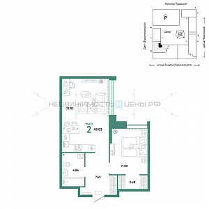 2 комн., 49.03м2, 2/15, Домашний, Тюмень