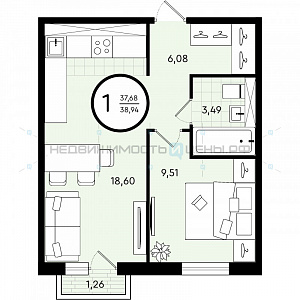 1 комн., 38.94м2, 4/4, Зеленые Аллеи, Тюмень