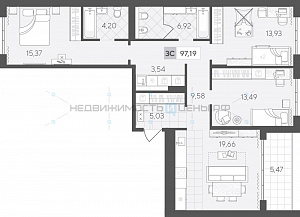 3 комн., 96.88м2, 4/4, Скандиа. Квартал у озера, Тюмень