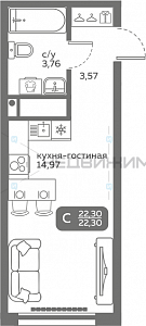 1 комн., 22.3м2, 15/20, Меридиан Слобода, Тюмень