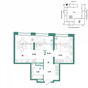 2 комн., 51.65м2, 16/16, Юнион, Тюмень
