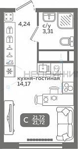 1 комн., 21.72м2, 16/21, Меридиан Слобода, Тюмень
