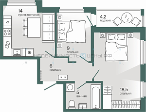 2 комн., 54.58м2, 3/4, Эклипт, Тюмень