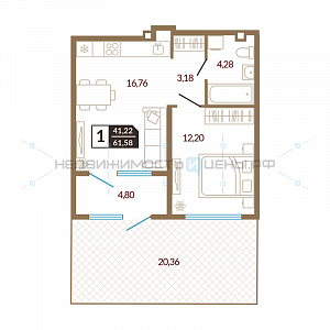 1 комн., 41.22м2, 1/4, Озерный, Тюмень