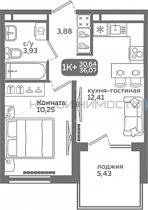 1 комн., 30.47м2, 12/21, Меридиан Слобода, Тюмень