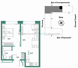 2 комн., 43.31м2, 3/15, Домашний, Тюмень
