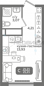 1 комн., 21.21м2, 15/21, Меридиан Слобода, Тюмень