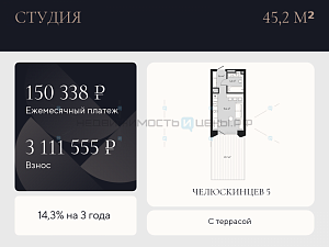 Студия, 45.2м2, 2/9, Челюскинцев 5, Тюмень