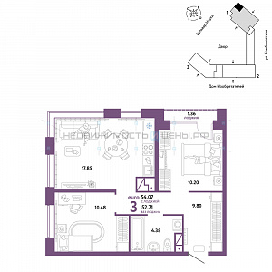 3 комн., 54.07м2, 16/16, Авторский, Тюмень