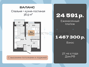 1 комн., 36.9м2, 23/23, Баланс, Тюмень