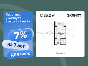 1 комн., 25.24м2, 2/4, Эклипт, Тюмень