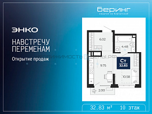 1 комн., 32.83м2, 10/17, Тюмень