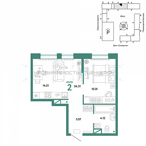 2 комн., 34.51м2, 14/16, Юнион, Тюмень
