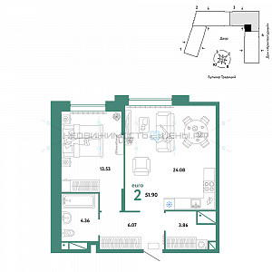 2 комн., 51.9м2, 6/15, Домашний, Тюмень