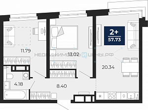 2 комн., 57.73м2, 13/21, Тюмень
