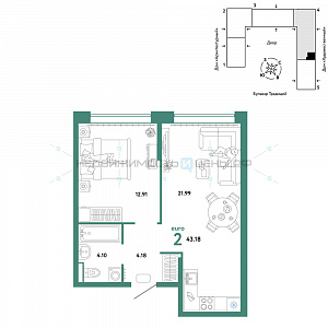2 комн., 43.18м2, 3/15, Домашний, Тюмень