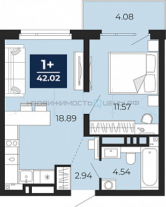 1 комн., 42.02м2, 11/21, Тюмень