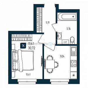 1 комн., 30.72м2, 2/25, Квартал Мятный, Тюмень