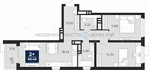 2 комн., 66.4м2, 6/20, Тюмень