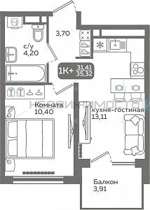 1 комн., 31.41м2, 11/21, Меридиан Слобода, Тюмень