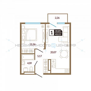 1 комн., 43.15м2, 2/4, Озерный, Тюмень