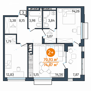 2 комн., 70.93м2, 23/25, Этика, Тюмень