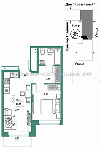 2 комн., 41.24м2, 6/15, Домашний, Тюмень