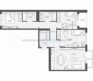3 комн., 99.04м2, 2/9, Скандиа. Квартал в Комарово Парк, Тюмень