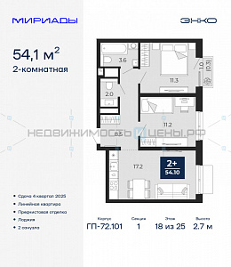 2 комн., 54.1м2, 18/25, Мириады, Тюмень