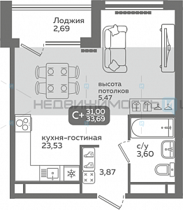 1 комн., 31м2, 21/21, Меридиан Слобода, Тюмень
