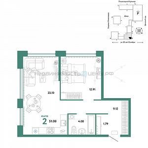 2 комн., 51м2, 5/25, Сердце Сибири, Тюмень