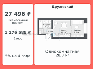 1 комн., 28.3м2, 10/14, Дружеский, Тюмень