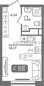 1 комн., 21.87м2, 3/21, Меридиан Слобода, Тюмень