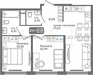 2 комн., 52.52м2, 10/21, Меридиан Слобода, Тюмень