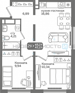 2 комн., 48.24м2, 21/21, Меридиан Слобода, Тюмень