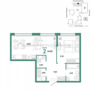 2 комн., 44.92м2, 11/25, Сердце Сибири, Тюмень