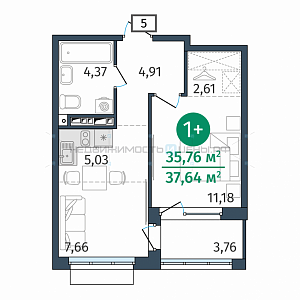 1 комн., 35.76м2, 6/25, Этика, Тюмень