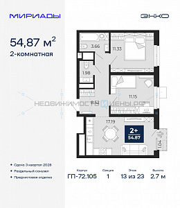 2 комн., 54.87м2, 13/23, Тюмень