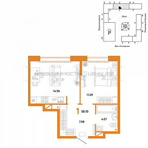 1 комн., 38.1м2, 12/16, Юнион, Тюмень