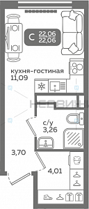 1 комн., 22.06м2, 10/21, Меридиан Слобода, Тюмень