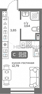 1 комн., 20.28м2, 2/20, Меридиан Слобода, Тюмень
